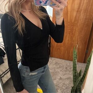 Dkny Black V-Neck Long Sleeve Wrap Top